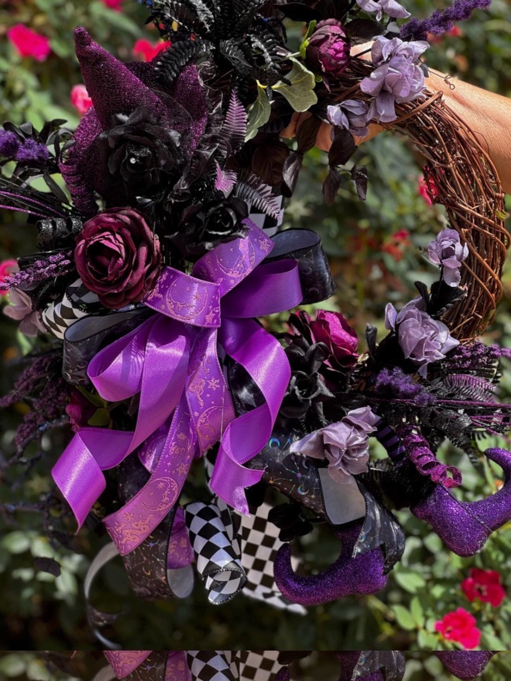 Purple & Black Halloween Wreath with Decorative Bow